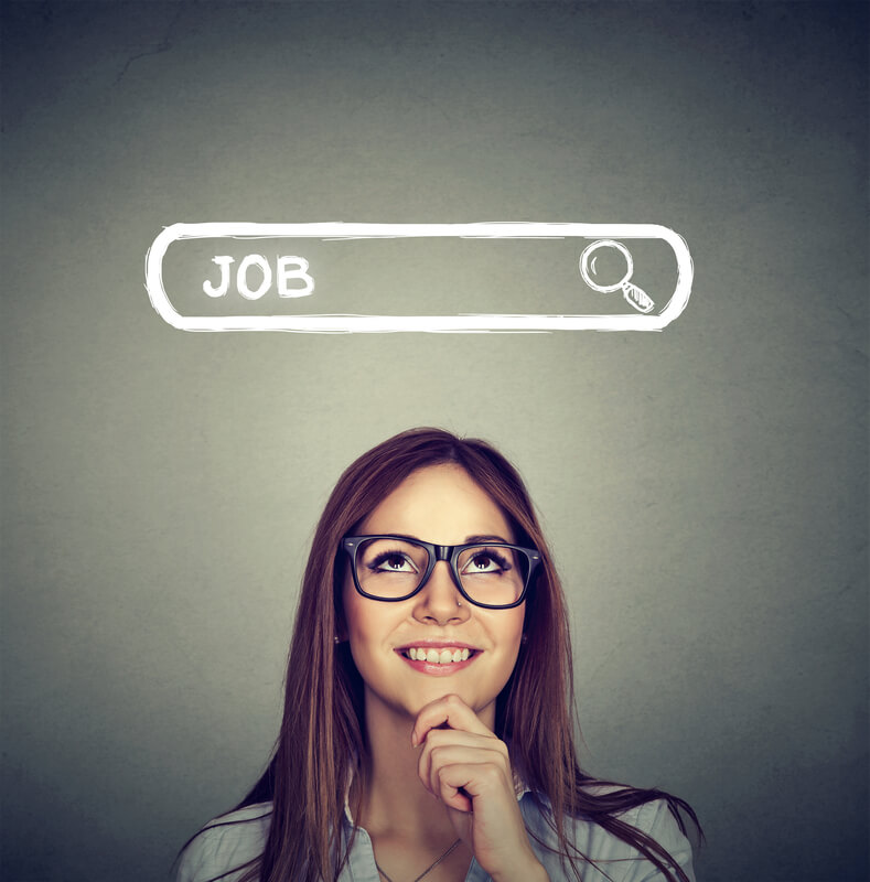 a woman looks up to see an internet search bar with jobs in it